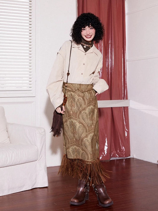 Red brown fringe skirt【s0000005533】