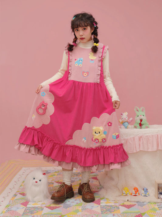 Retro Showa Raspberry Pink Toy Collage Lace Tank Dress【s0000004299】