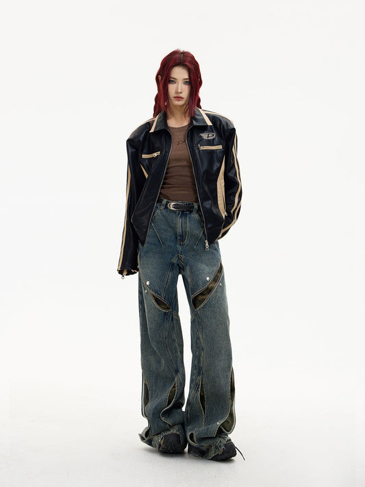 Embroidered Striped Motorcycle Leather Jacket [s0000004175] 