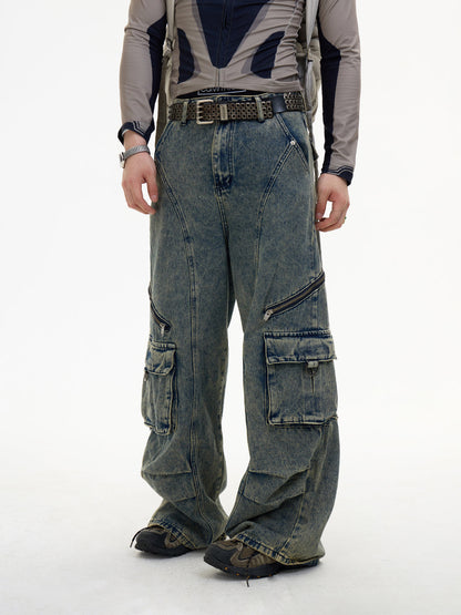 Detachable Suspender Washed Multi-pocket Cargo Jeans【s0000004185】