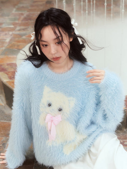 Round Neck Cat Bow Fluffy Sweater【s0000003988】