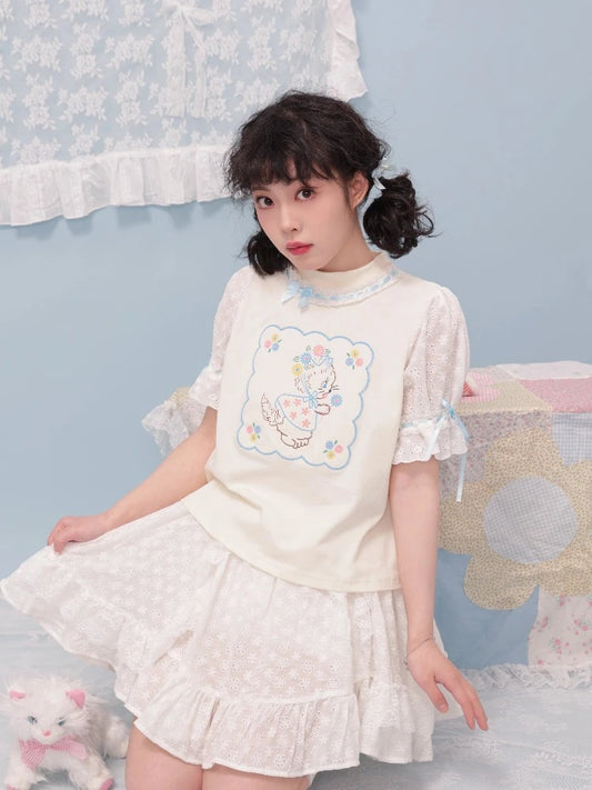 Puff sleeve cat short sleeve T-shirt【s0000007741】