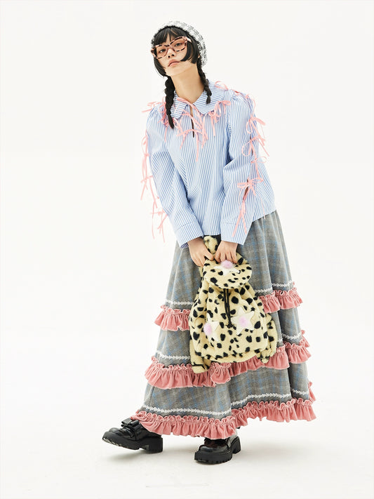 Retro Cute Striped Shirt Blouse Sweet Girls Niche Design Bow Blouse【s0000004261】