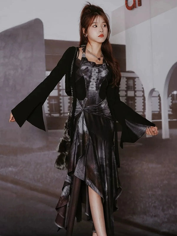 Butterfly Print Halterneck Dress & Flare Sleeve Cardigan【s0000003999】