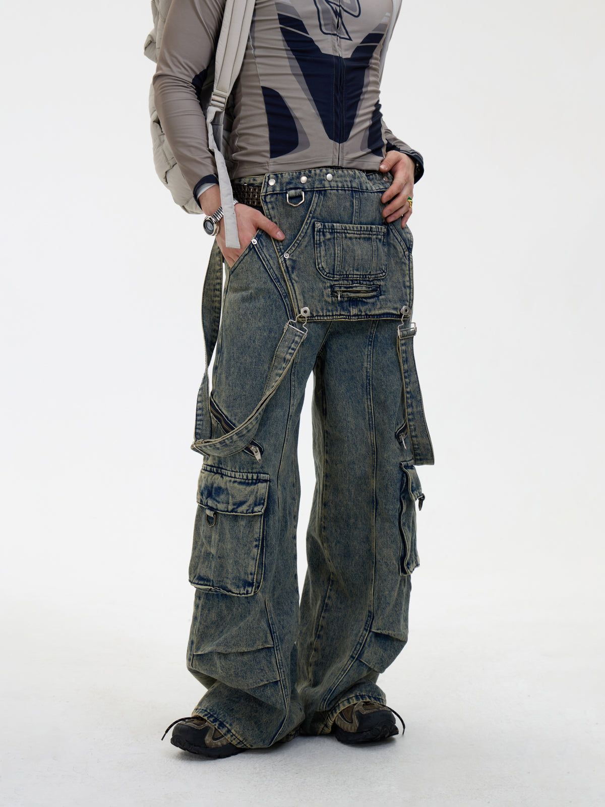 Detachable Suspender Washed Multi-pocket Cargo Jeans【s0000004185】