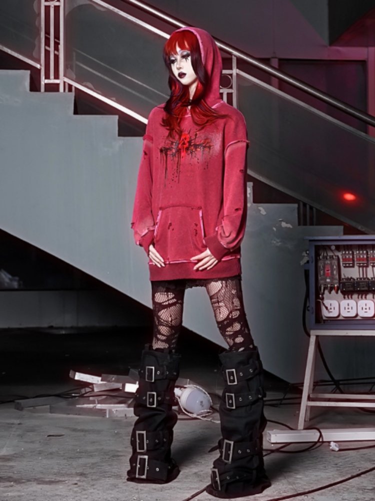 Devil Rust Red Print Washed & Worn Loose Long Sleeve Hoodie【s0000000766】 - SCULTURE（エスカルチャー）