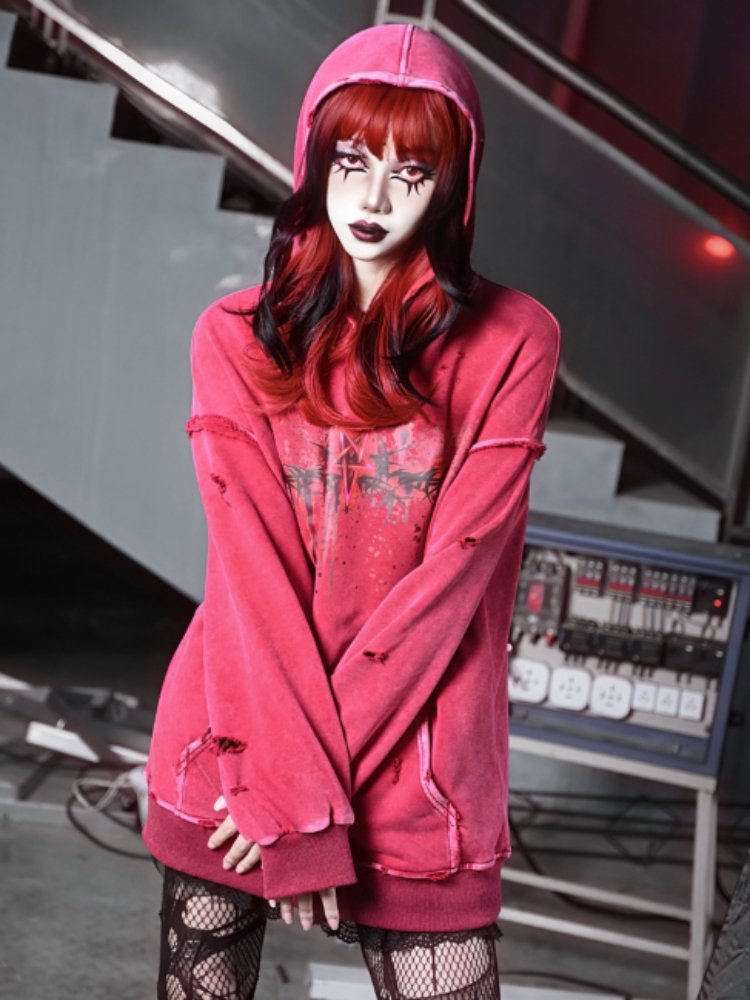 Devil Rust Red Print Washed & Worn Loose Long Sleeve Hoodie【s0000000766】 - SCULTURE（エスカルチャー）