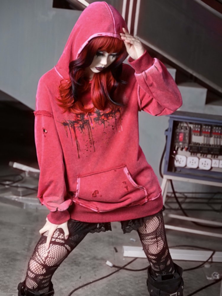 Devil Rust Red Print Washed & Worn Loose Long Sleeve Hoodie【s0000000766】 - SCULTURE（エスカルチャー）