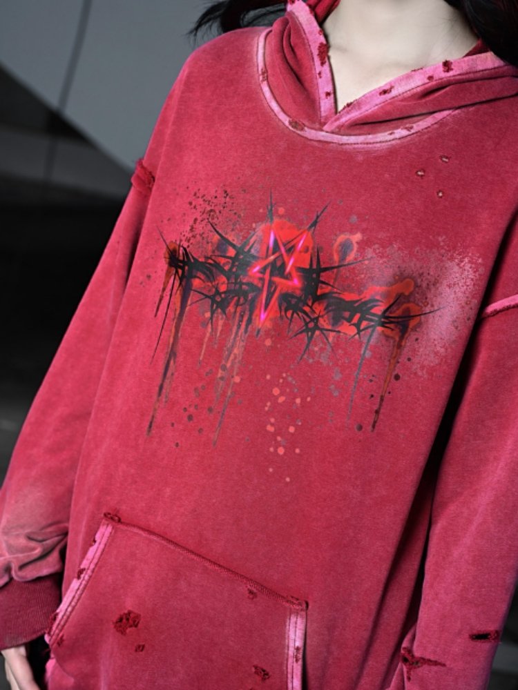 Devil Rust Red Print Washed & Worn Loose Long Sleeve Hoodie【s0000000766】 - SCULTURE（エスカルチャー）