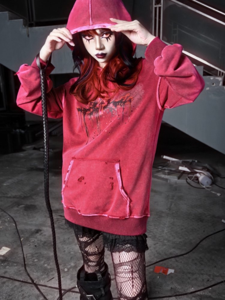 Devil Rust Red Print Washed & Worn Loose Long Sleeve Hoodie【s0000000766】 - SCULTURE（エスカルチャー）