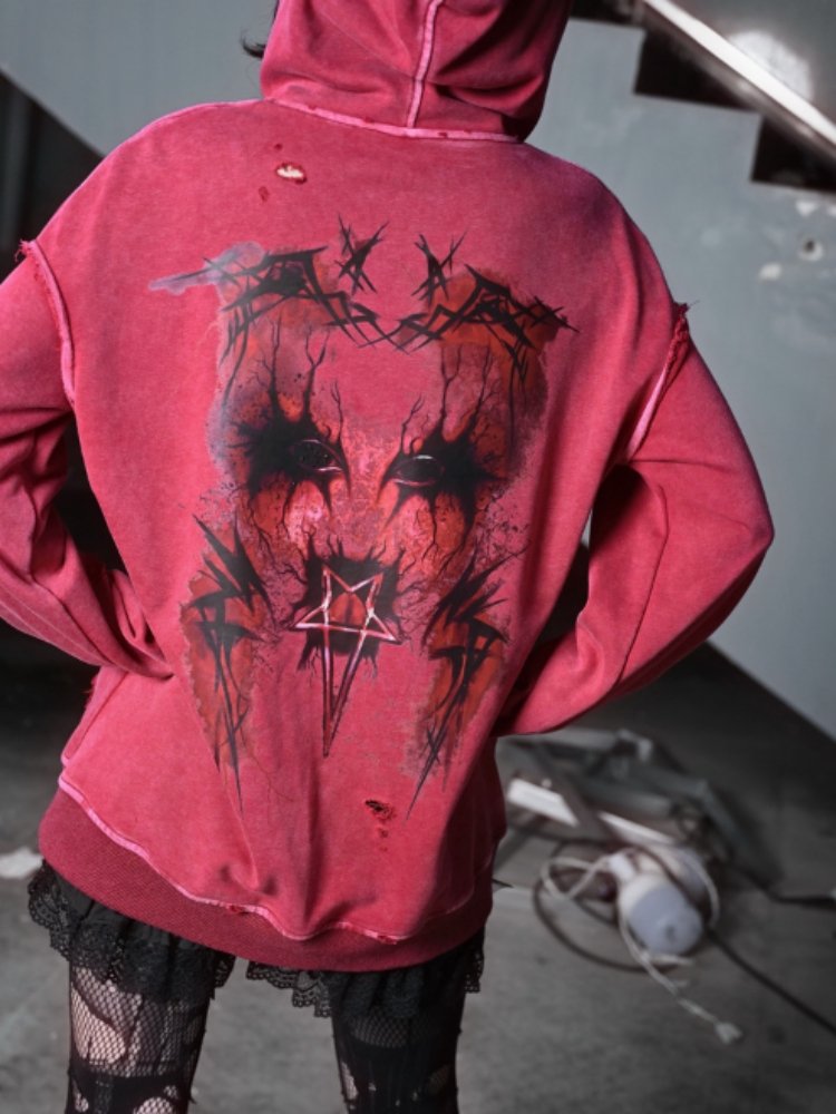 Devil Rust Red Print Washed & Worn Loose Long Sleeve Hoodie【s0000000766】 - SCULTURE（エスカルチャー）