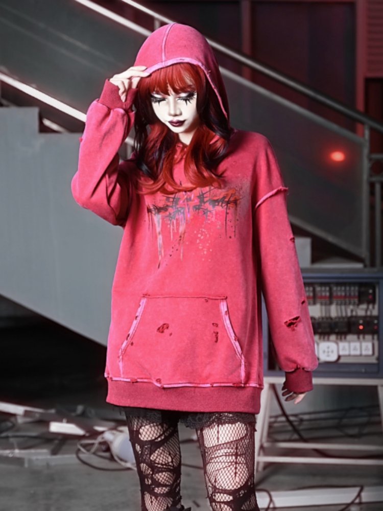 Devil Rust Red Print Washed & Worn Loose Long Sleeve Hoodie【s0000000766】 - SCULTURE（エスカルチャー）