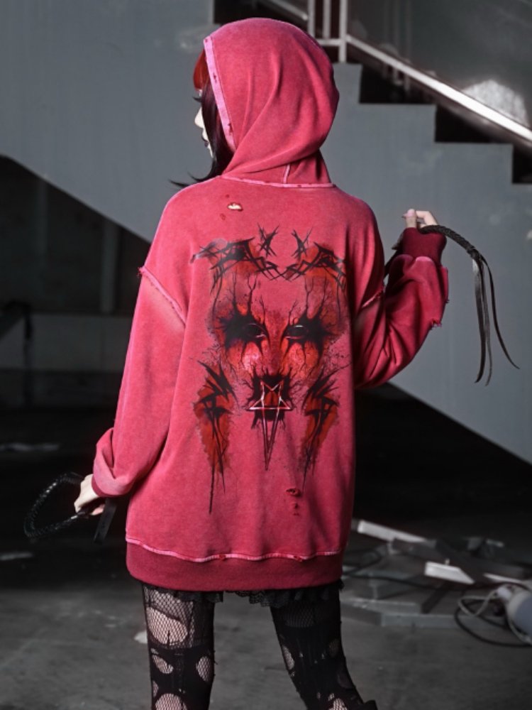 Devil Rust Red Print Washed & Worn Loose Long Sleeve Hoodie【s0000000766】 - SCULTURE（エスカルチャー）