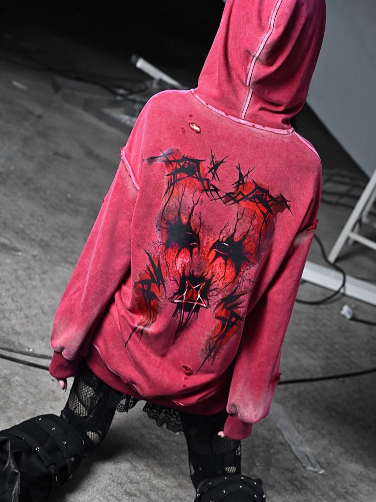 Devil Rust Red Print Washed & Worn Loose Long Sleeve Hoodie【s0000000766】 - SCULTURE（エスカルチャー）