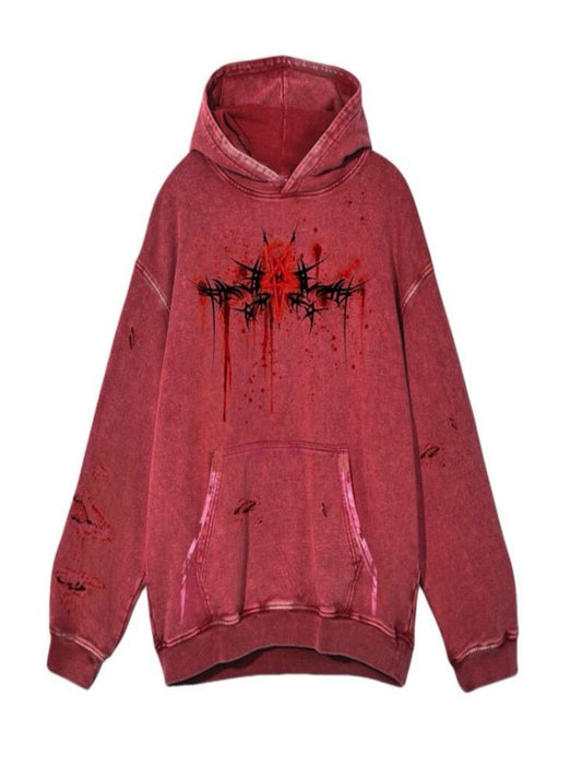 Devil Rust Red Print Washed & Worn Loose Long Sleeve Hoodie【s0000000766】 - SCULTURE（エスカルチャー）