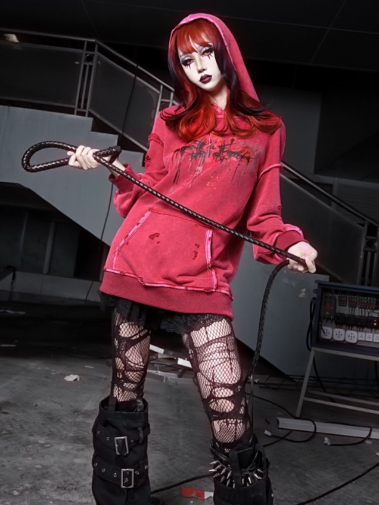 Devil Rust Red Print Washed & Worn Loose Long Sleeve Hoodie【s0000000766】 - SCULTURE（エスカルチャー）