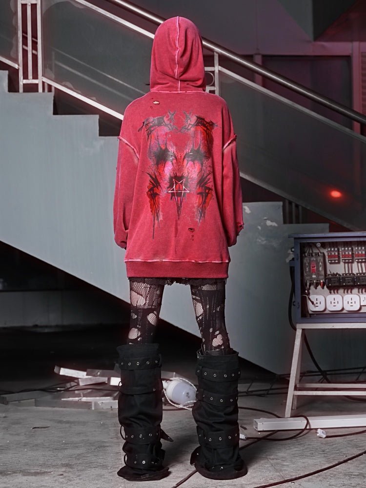 Devil Rust Red Print Washed & Worn Loose Long Sleeve Hoodie【s0000000766】 - SCULTURE（エスカルチャー）