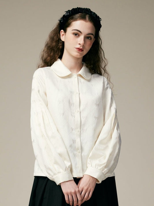 Doll Collar Lantern Sleeves Ribbon Jacquard Shirts【s0000000882】 - SCULTURE（エスカルチャー）