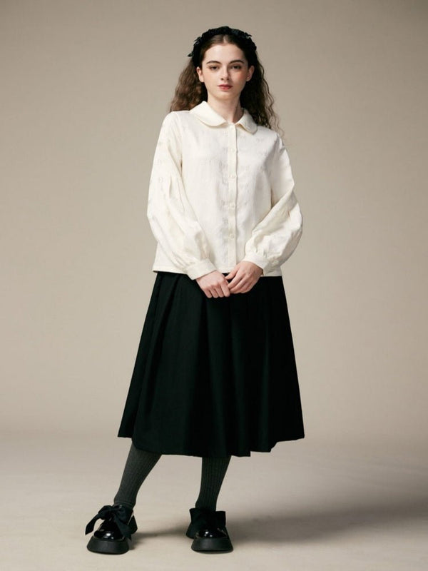 Doll Collar Lantern Sleeves Ribbon Jacquard Shirts【s0000000882】