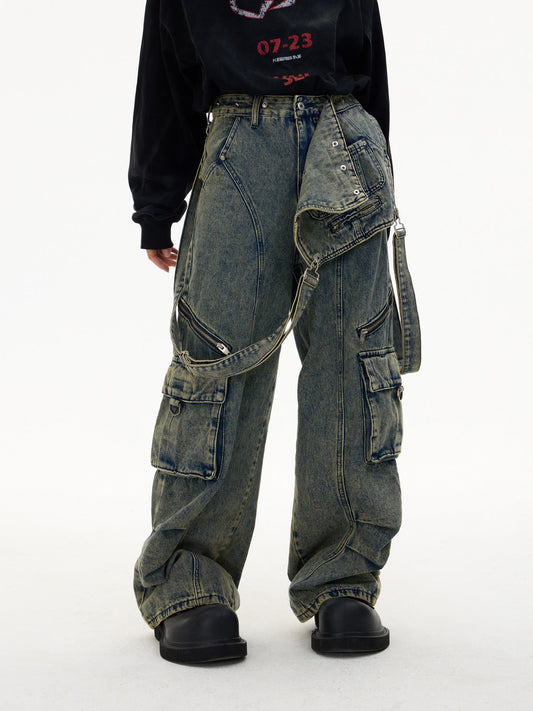 Detachable Suspender Washed Multi-pocket Cargo Jeans【s0000004185】