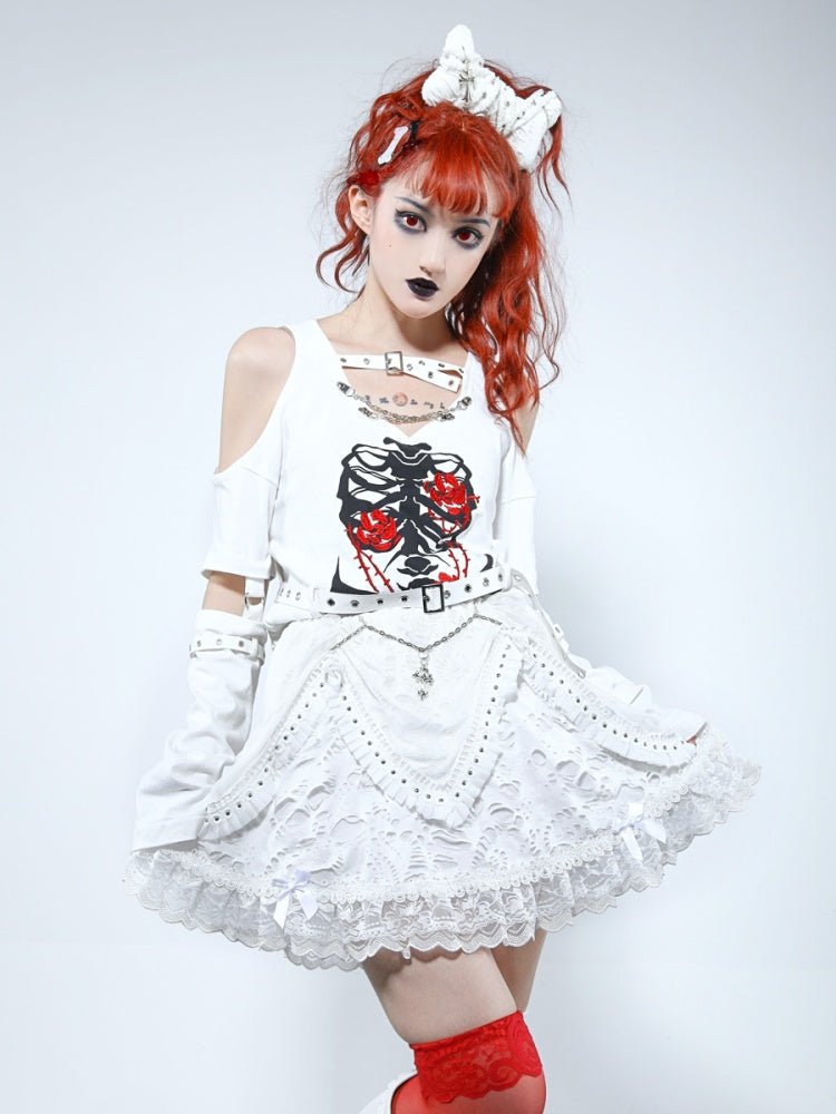 Gothic Cross Pendant Chain Shirring Waist Ruffle Lace Mini Skirt【s0000000776】 - SCULTURE（エスカルチャー）