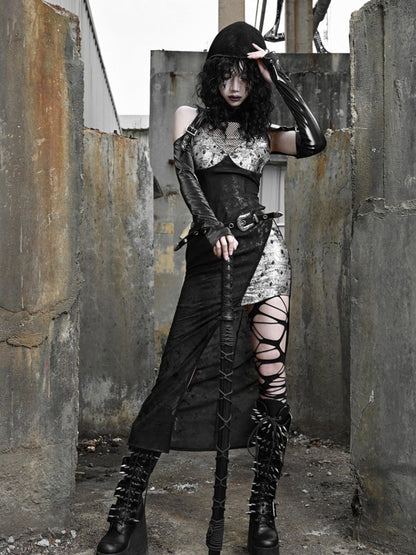 High Slit Black Silver Hooded Dress【s0000001029】 - SCULTURE（エスカルチャー）