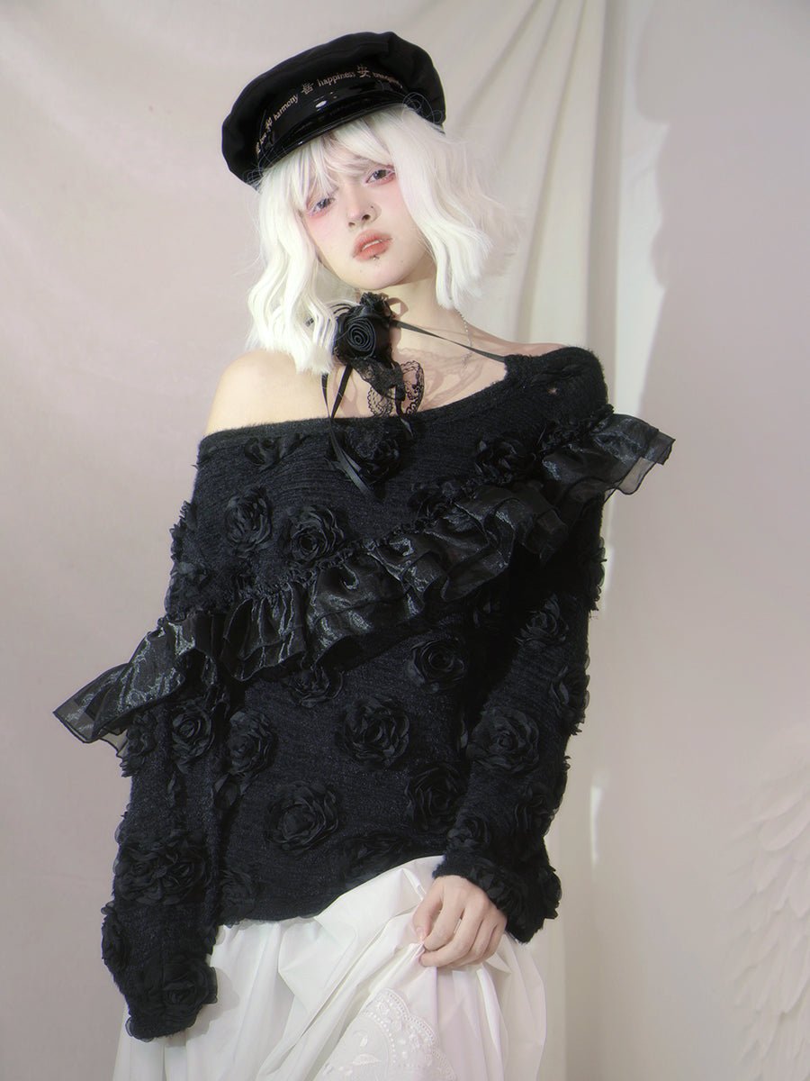 One-shoulder Lace Frill Rose Flower Knit [s0000000103]