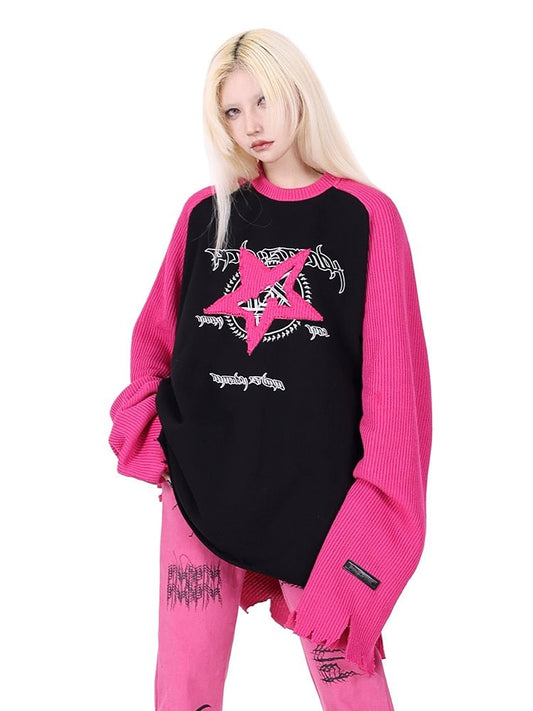 Pentagram Raglan Sleeve Stitching Sweater [s0000000366]