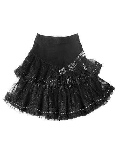 Punk Metal Buckle Leather Belt Ruffle Tiered Mini-Skirt [s0000000773]