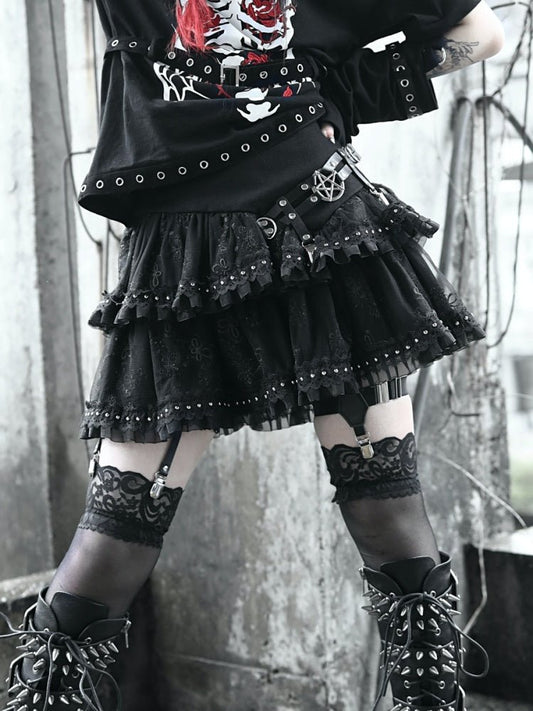 Punk Metal Buckle Leather Belt Ruffle Tiered Mini-Skirt【s0000000773】