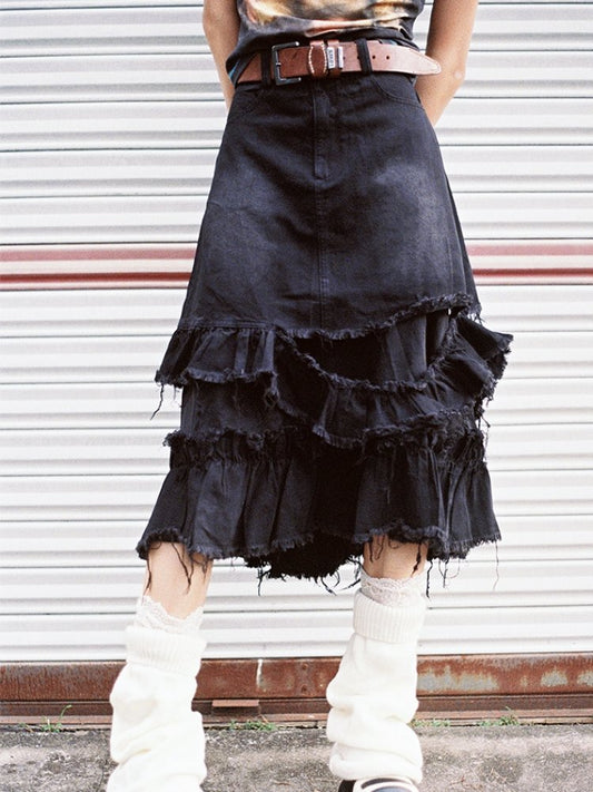 Raw Edge Distressed Denim Skirt【s0000000033】