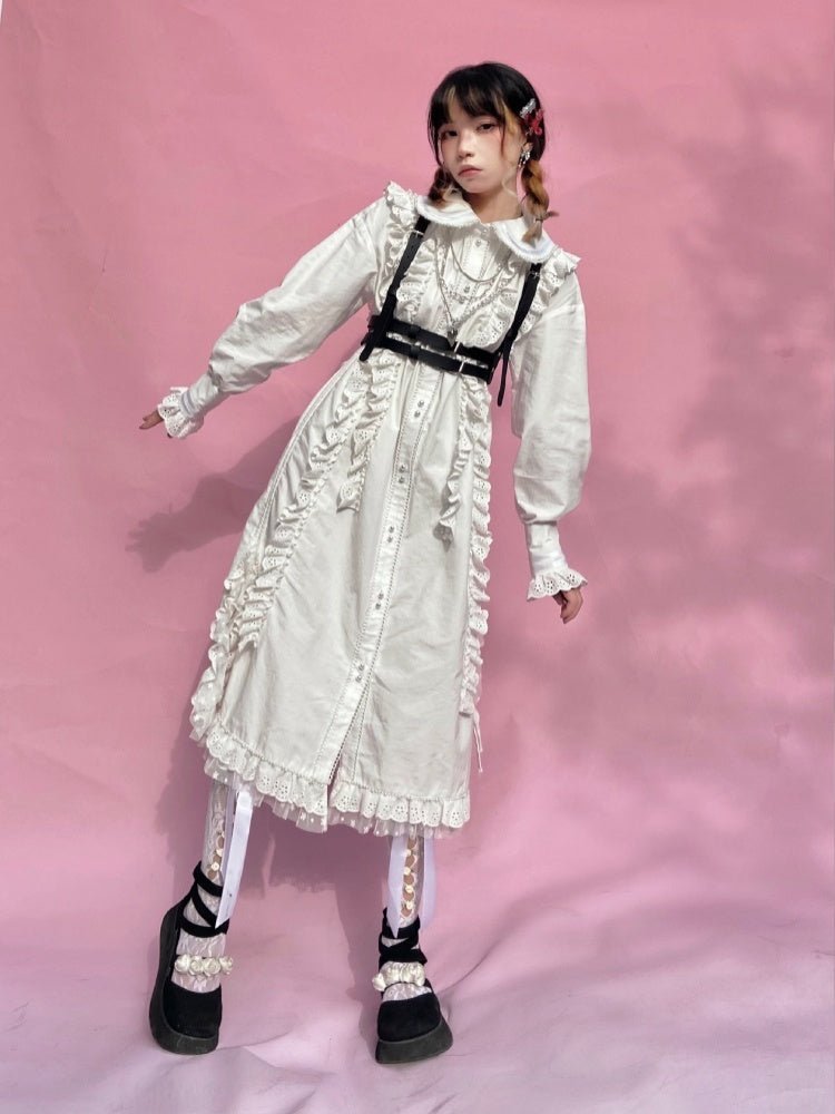 Retro Long sleeved Loose Frill Lace Shirt Dress【s0000000786 