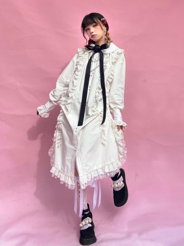 Retro Long sleeved Loose Frill Lace Shirt Dress【s0000000786】 - SCULTURE（エスカルチャー）