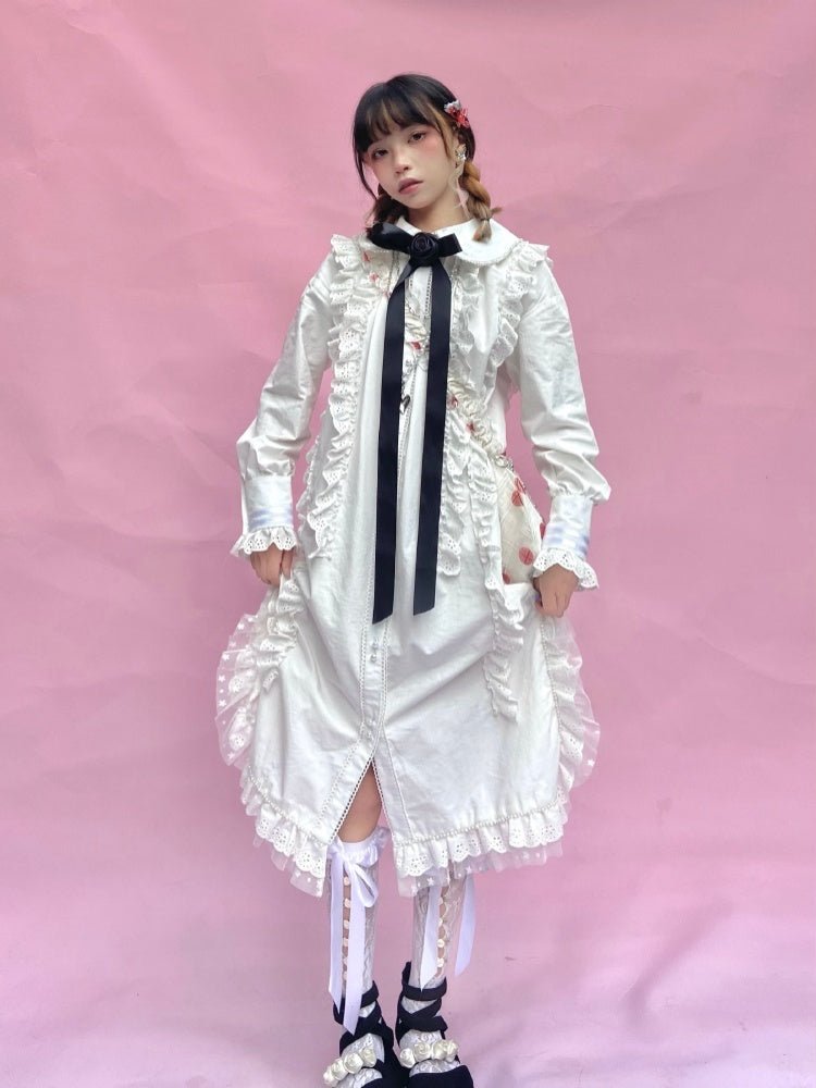 Retro Long sleeved Loose Frill Lace Shirt Dress【s0000000786 