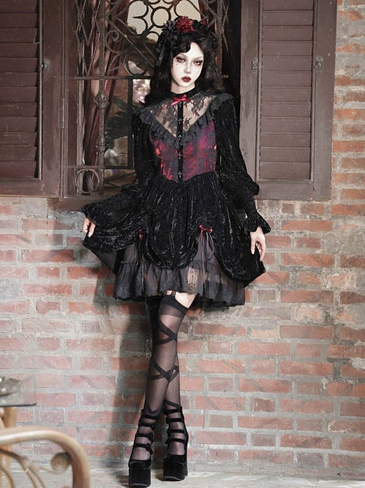 Rose Cemetery Gothic dark red lace velvet puff sleeve dress【s0000000767】