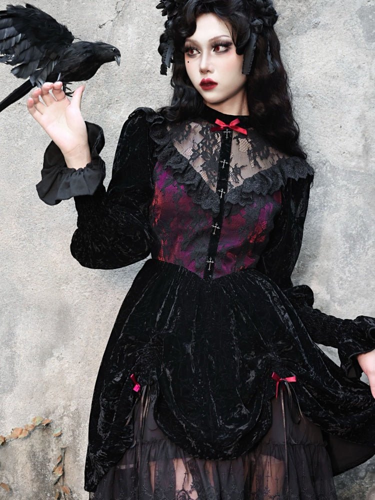 Rose Cemetery Gothic dark red lace velvet puff sleeve dress