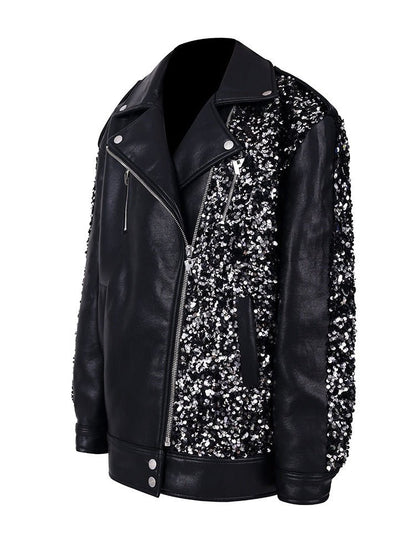 Sequined Stars Loose Leather Jacket【s0000000317】