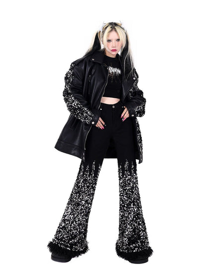 Sequined Stars Loose Leather Jacket【s0000000317】