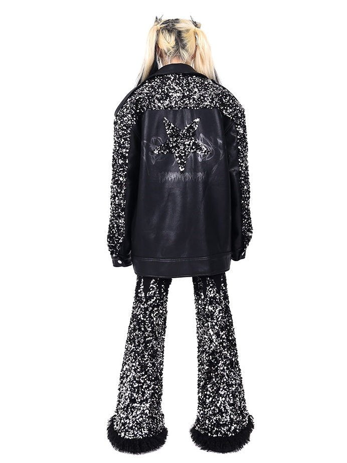 Sequined Stars Loose Leather Jacket【s0000000317】