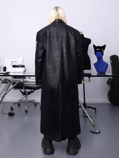 Shoulder Pad PU Long Leather Jacket [s0000000335]