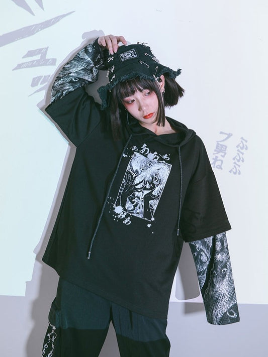 "Tomie" Fake Two-piece Printed Hooded Sweater【s0000000817】 - SCULTURE（エスカルチャー）